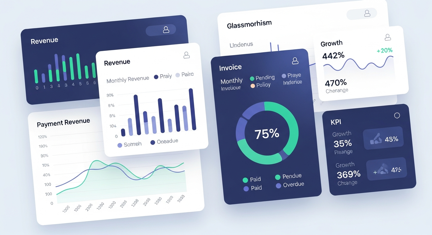 Business analytics dashboard displaying monthly revenue trends, payment success rates, average collection times, and client insights with interactive charts