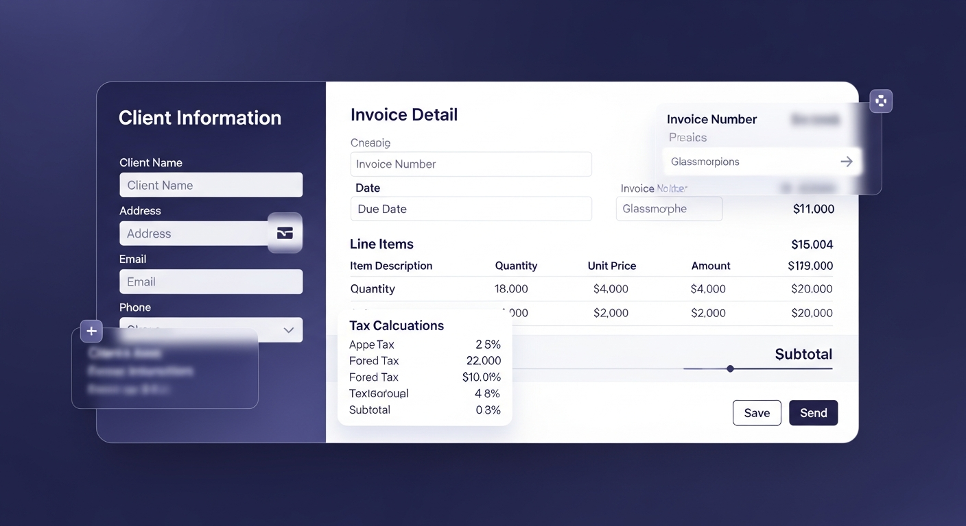 Invoice creation interface with drag-and-drop editor showing custom branding options, multi-currency support, and professional templates