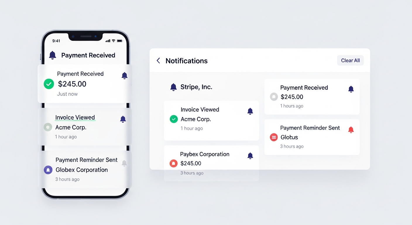 Email and notification system showing real-time invoice delivery tracking, read receipts, and automated payment reminders