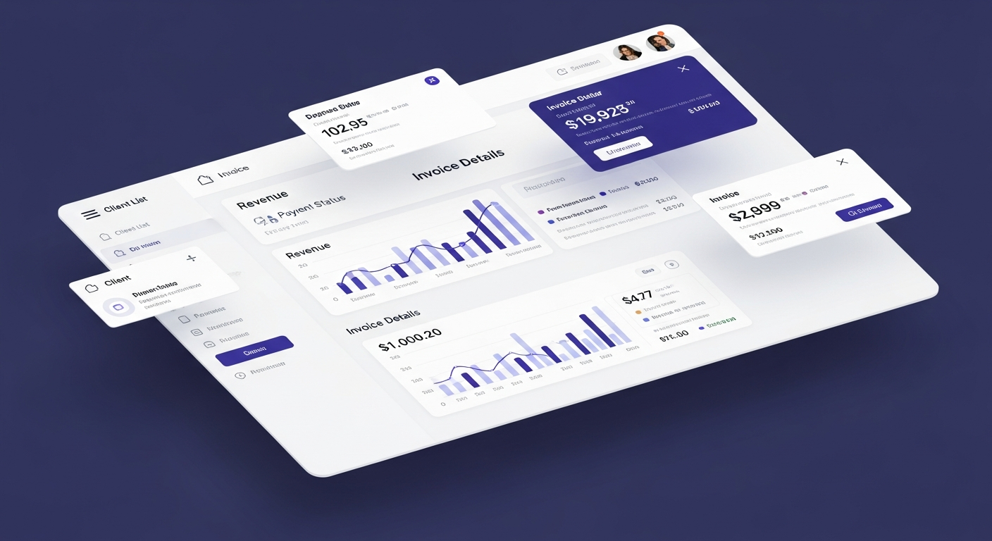 InvoiceFlow Dashboard showing invoice creation interface, real-time payment tracking, and revenue analytics with a clean professional design